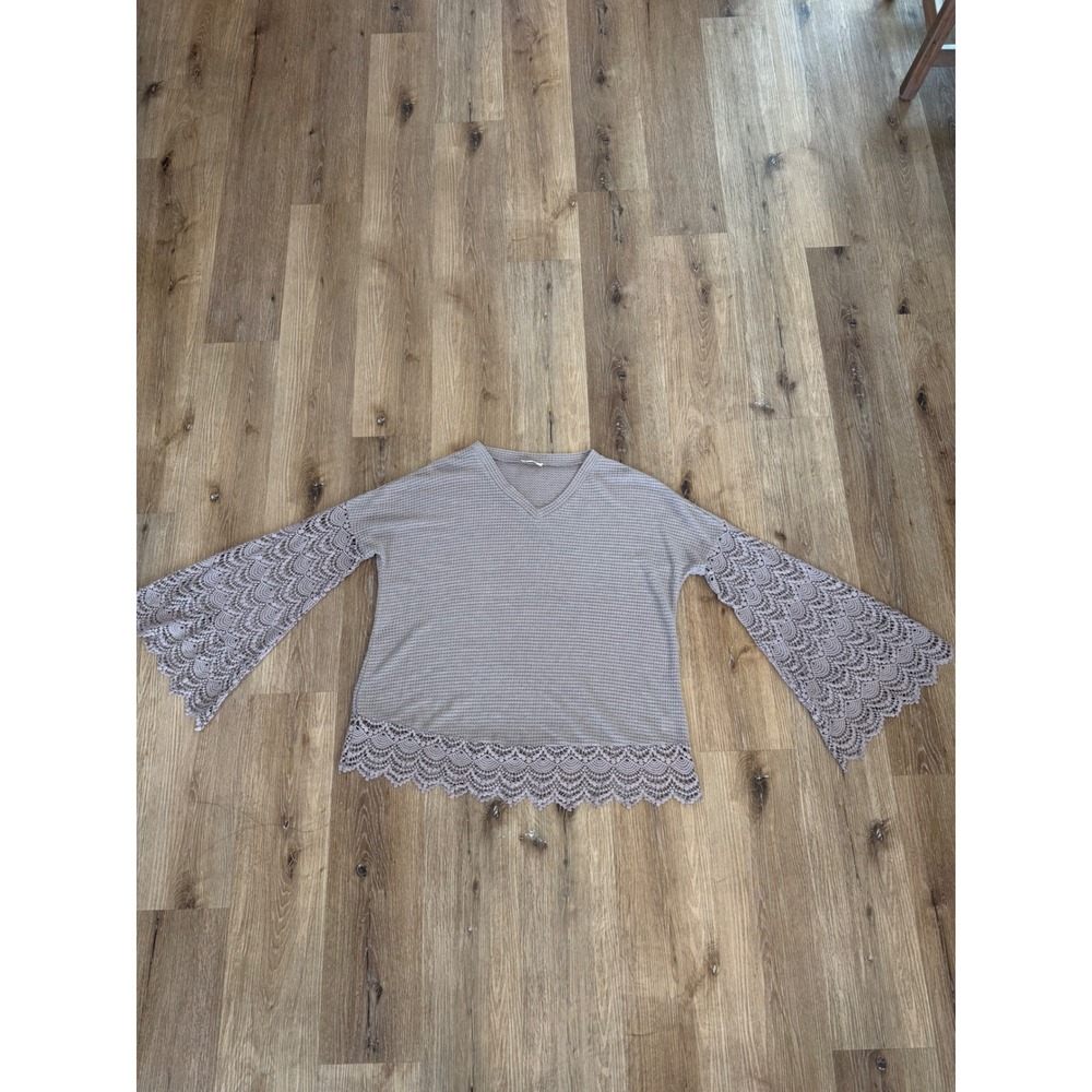 Whimsygoth Boho Bell Sleeve Top Womens M Mauve Waffle Knit Crochet Lace‎ Trim